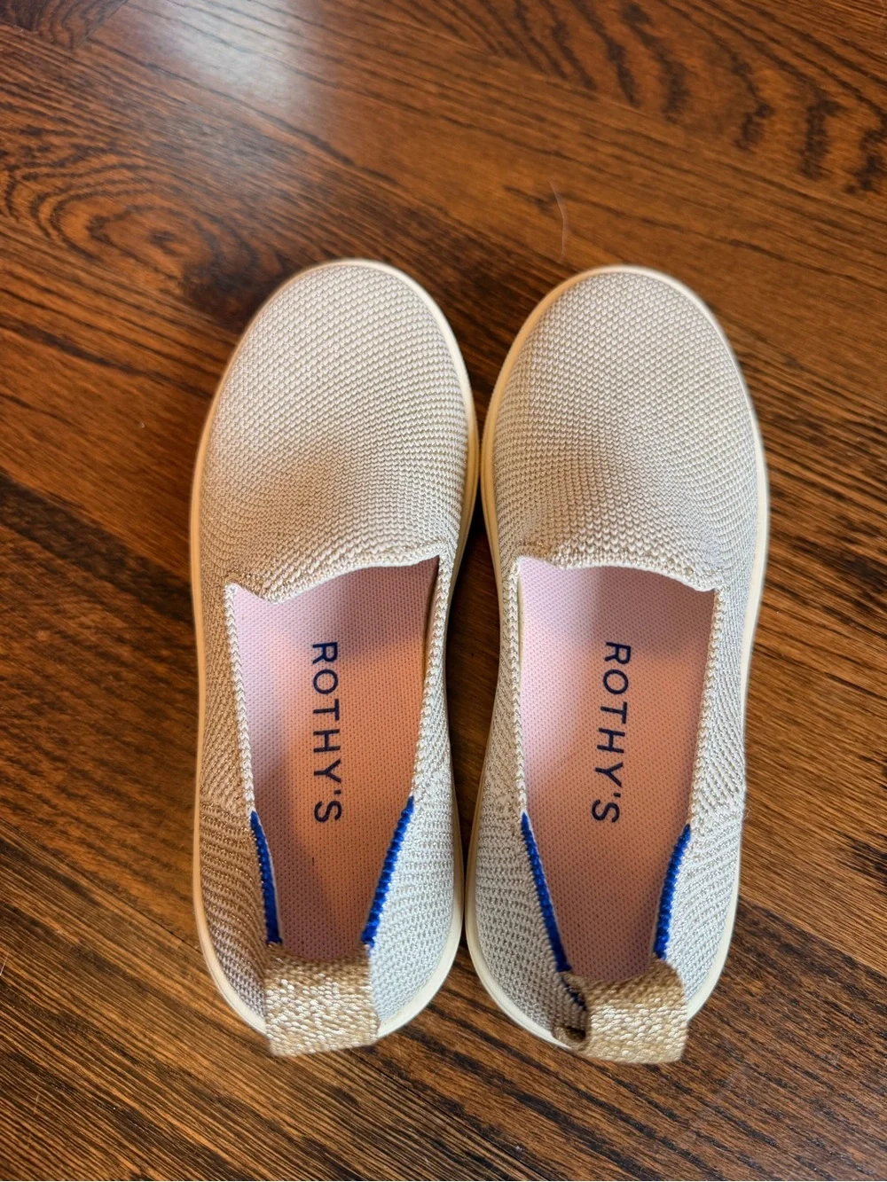 Rothy's Kids Slip-On Knit Sneakers in Light Gold with Blue Trim